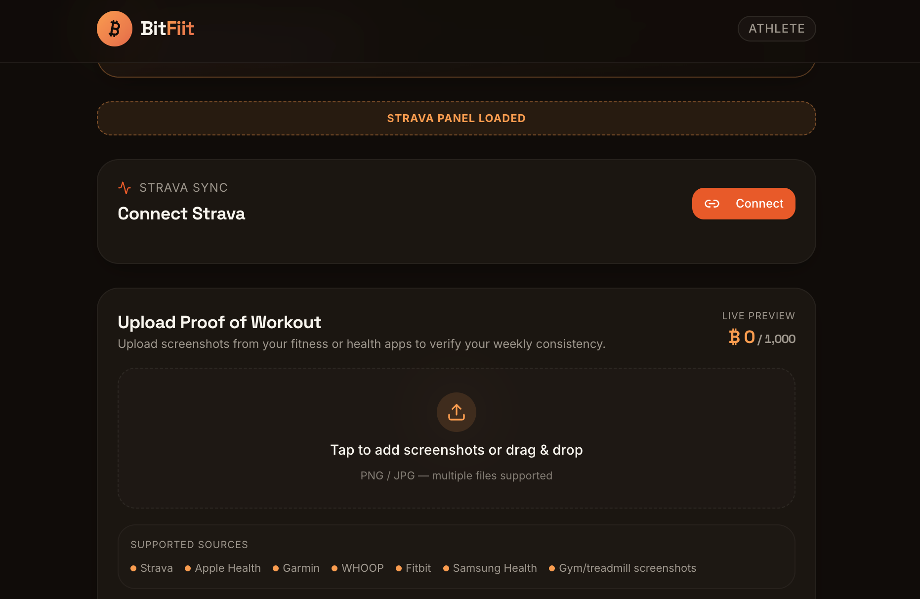 BitFiit Strava sync and Proof-of-Workout upload panel